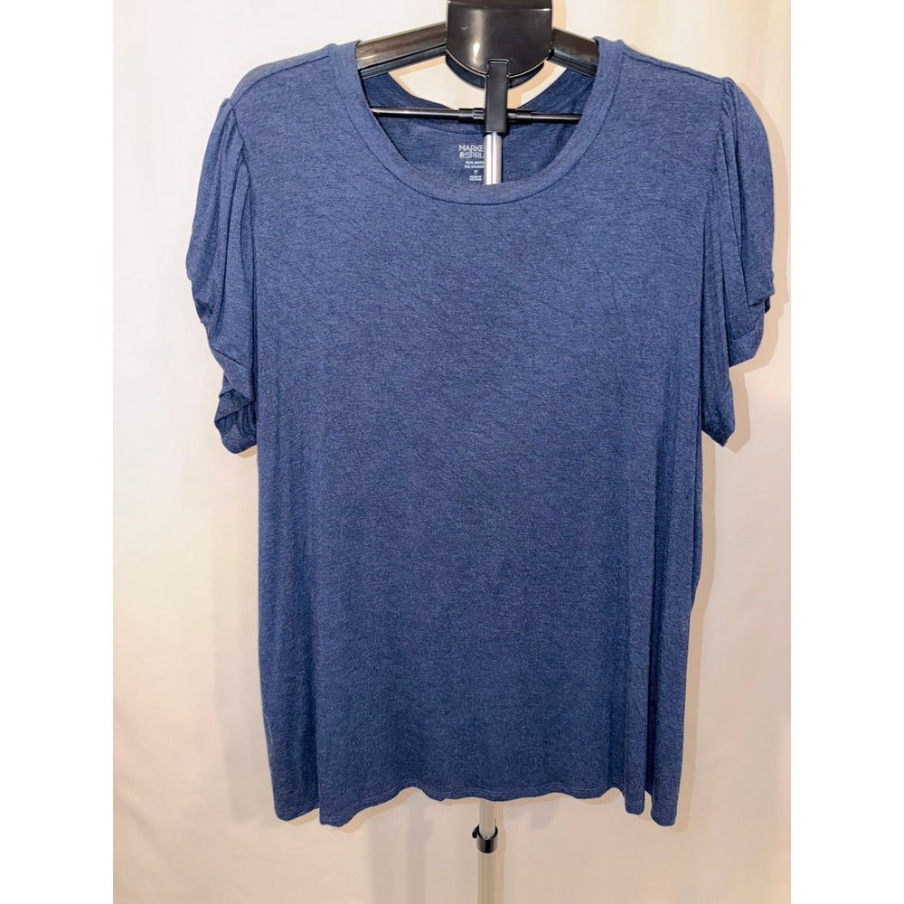 Market & Spruce Puffy Sleeve Top Blue Heathered Crew Neck Women 2X